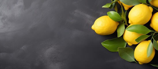 Poster - Top view of fresh lemons placed on a grey background with ample copy space image available.