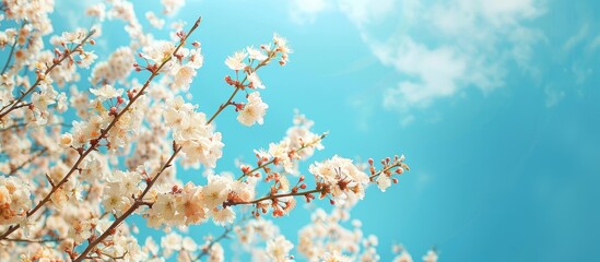 Poster - Plum tree, a symbol of spring with blossoms against blue sky background, perfect as a copy space image.