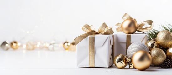 Poster - A festive Christmas gift box and ornaments displayed on a white backdrop with a greeting card, providing space for text or additional design elements.