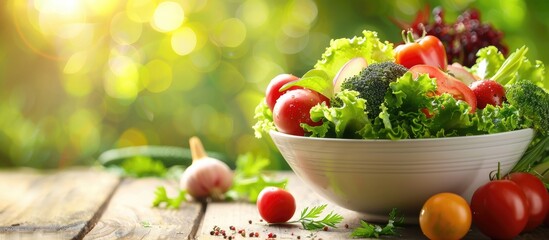 Aufkleber - Bowl filled with fresh, organic fruits and vegetables for a salad on the table, representing healthy eating, agriculture, and nutrition, ideal for a website banner with copy space image.