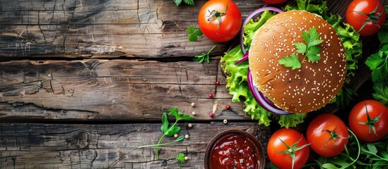 Wall Mural - Copy space image featuring a vegan zucchini burger and its ingredients on a rustic wood background.