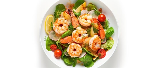 Aufkleber - Seafood Caesar Salad with prawns displayed on a white background from above, with ample space for additional images or text.