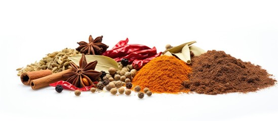 Poster - Various spices arranged with blank space for text on a white background for product showcasing or advertisement purposes.