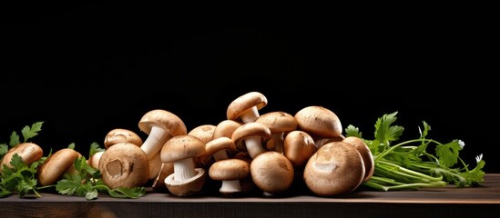 Poster - Rustic-style setup featuring fresh champignon mushrooms on a wooden board against a black background, leaving room for text in the copy space image.
