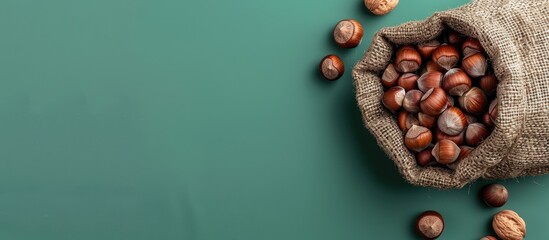 Poster - Eco-friendly canvas bag with hazelnuts on green backdrop, ideal for vegan nutrition, organic protein snacks, perfect for National Nut Day, featuring copy space image.