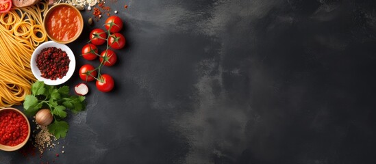 Aufkleber - A top view showcasing pasta spaghetti, tomato ketchup sauce, olive oil, spices, parsley, and fresh tomatoes on a light grey slate table, serving as a culinary-themed background with copy space image.