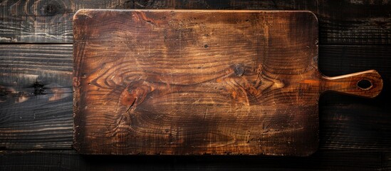 Poster - View from above of an aged cutting board placed on a dark wooden table, providing ample copy space in the image.