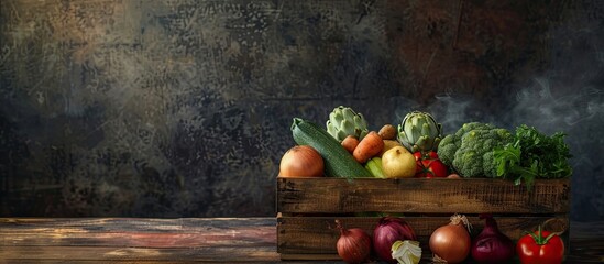 Poster - Fresh seasonal vegetables like artichokes, potatoes, onions, zucchini, and carrots in a wooden box for home delivery of farm products. The banner features a copy space image.