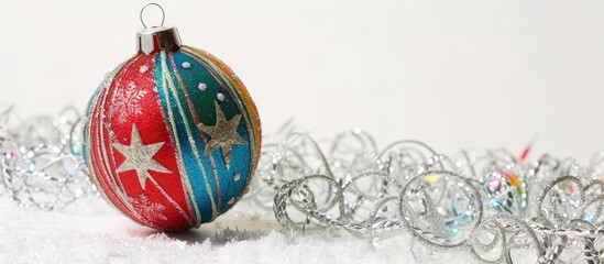 Poster - Close-up of a colorful Christmas ball with silver garland and star, isolated on a white background, perfect for Christmas and New Year celebrations with copy space image.