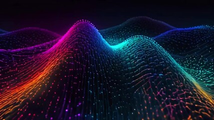 Wall Mural - Smooth gradient waves in blue and purple with particles gliding along, giving a sense of depth and motion, 4k Animation Video