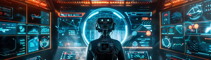 Poster - Futuristic control room with high-tech interfaces and a person wearing advanced VR headset, exploring holographic data and visuals.