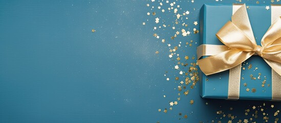 Wall Mural - Top-down view of a blue gift box with a golden ribbon against a blue background in a banner format, offering ample room for text in the copy space image.