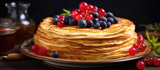 Aufkleber - Thin round pancakes on a plate prepared for Maslenitsa celebration, a Russian tradition involving eating pancakes adorned with honey, butter, and berries with a copy space image.