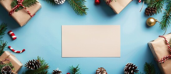 Canvas Print - Holiday-themed background with a blank note, fir branches, gifts on blue backdrop. Includes copy space image.