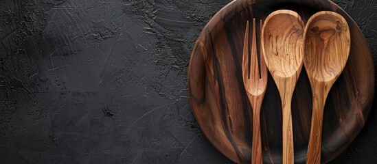 Aufkleber - A wooden dish, spoon, and fork are seen up close on a black background in a top-view copy space image.