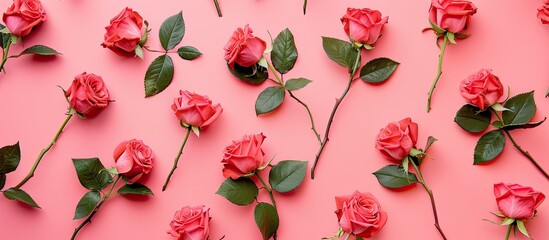 Poster - Top-down flat lay view of roses arranged on a pink background with space for graphic elements, like text or other images, known as copy space image.