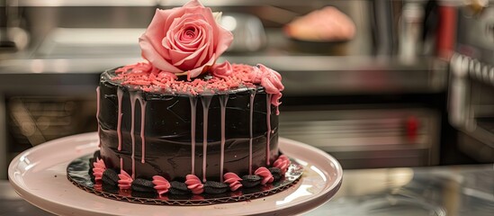 Poster - In a professional kitchen, a birthday cake is adorned with black frosted icing, a real rose topping, pink sweet swirls, and space for a photo.
