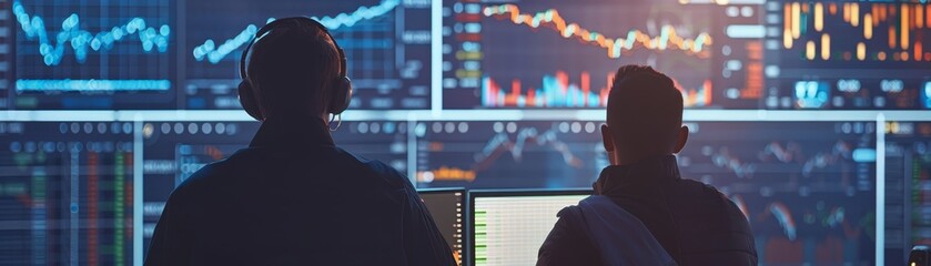Poster - Silhouettes of two people analyze data on multiple monitors, displaying stock market graphs in a dark room with a blurred background.