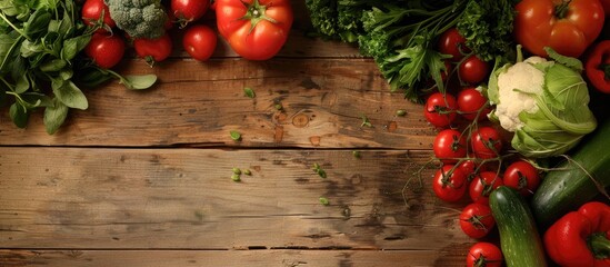 Poster - Fresh vegetables displayed on a wooden surface with ample copy space image.