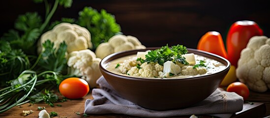 Poster - Fresh cauliflower soup with a variety of vegetables in a healthy, rustic dish on the table with a copy space image for keto, paleo, veggie, vegan, or vegetarian diets.