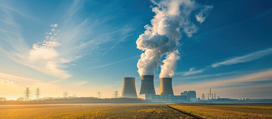 Sunny day landscape showing a Nuclear power Plant with smoke against a blue sky; perfect for copy space image.