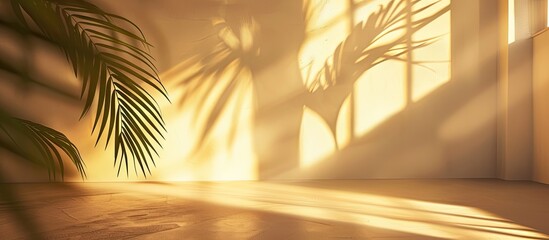 Poster - Minimal room with a warm light setting, featuring a palm leaf shadow overlay for presenting a product with copy space image.