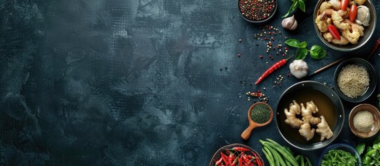 Poster - Asian cooking ingredients on a dark backdrop create an Asian food concept, with an open space and a top-down view for a copy space image.