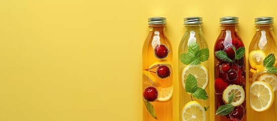 Aufkleber - Cherry, lemon, and mint infused water in bottles against a yellow background in a top view with ample copy space image.