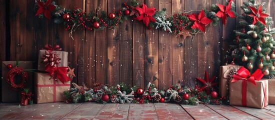 Poster - A rustic wooden backdrop set with Christmas decorations and gifts providing a charming copy space image.