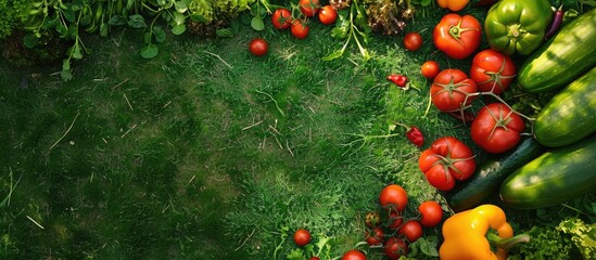 Poster - Fresh vegetables arranged on green grass in a garden, with an empty space for incorporating images.