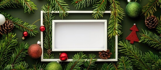 Poster - christmas decoration toys arranged in a flat lay layout on pine tree branches with an empty white fr