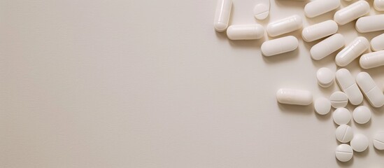 Poster - A white pills arrangement on a paper surface with available copy space image for text.