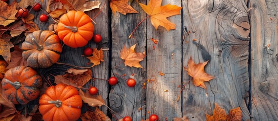 Poster - Autumn leaves and pumpkins decorate a wooden table with a copy space image.