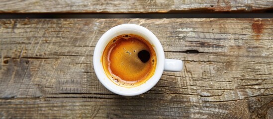 Sticker - A top-down view of a white espresso cup on a wooden surface, offering a clear area for additional imagery.