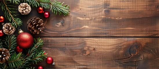 Poster - Festive Christmas greeting card with decorations on a wooden background, embodying the New Year concept, offering ample copy space in a flat lay top view image.