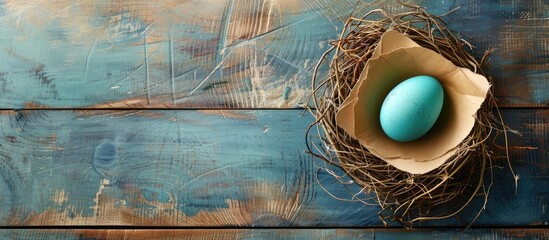 Aufkleber - Card for Easter display with blue egg in nest, providing empty space for writing.