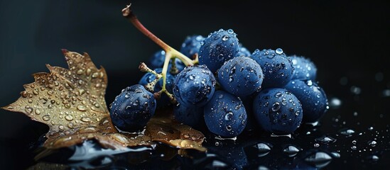 Poster - A black background highlights wet dark blue grapes with a dried leaf, leaving room for additional content in the image.
