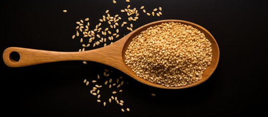 Poster - Toasted organic sesame seeds in a wooden spoon on a black background. Close-up, top view flat lay with a natural light setting, highlighting the seeds. Ideal for adding text with copy space image.