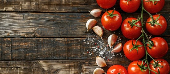 Aufkleber - Fresh tomatoes and garlic arranged on a wooden surface, viewed from above with a copy space image available.