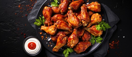 Poster - Top view of spicy chicken wings with ketchup on a dark plate against a slate or concrete background, ideal for copy space image.