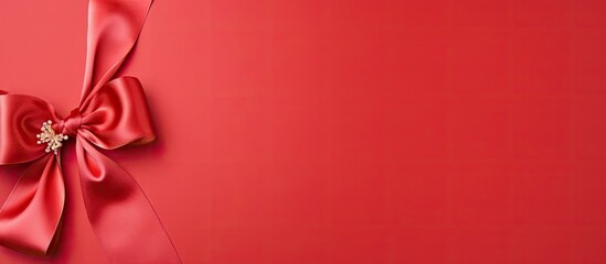 Poster - A red rolled ribbon with a bow isolated on colorful background, seen from above. Flat lay style with copy space image.