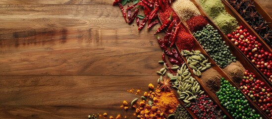 Canvas Print - Colorful spices displayed on a wooden table with copy space image.