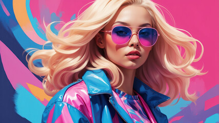 Poster - A confident young woman with long blonde hair and stylish sunglasses poses in a blue and pink jacket against colorful abstract shapes