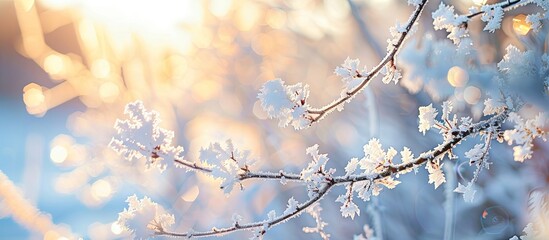 Leinwandbilder - Snow-white branches of an apple tree with hoarfrost, set against a sunny winter background, creating an abstract scene with copy space image.