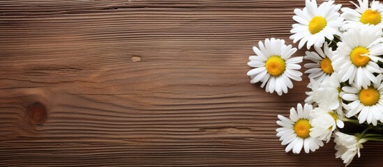 Poster - Chamomile flowers and a ribbon on a wooden background provide a charming setting for a copy space image.