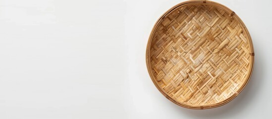 Sticker - Isolated on a white backdrop, a bamboo saucer is featured with copy space image.