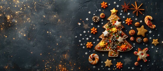 Aufkleber - Gingerbread cookie Christmas tree on a black backdrop with stars, surrounded by assorted holiday treats. Copy space image available for text.