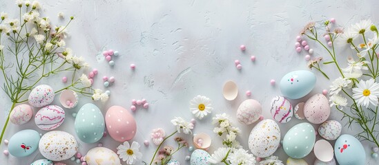Aufkleber - Pastel colored Easter decorations including eggs, candy, flowers, and eggshells adjust on a light background in an arrangement allowing for text or other elements - copy space image.