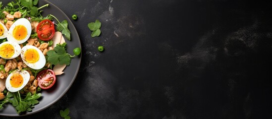 Aufkleber - A top view image of a tuna salad with eggs, vegetables, and green leaves on a dark stone background, featuring copy space.