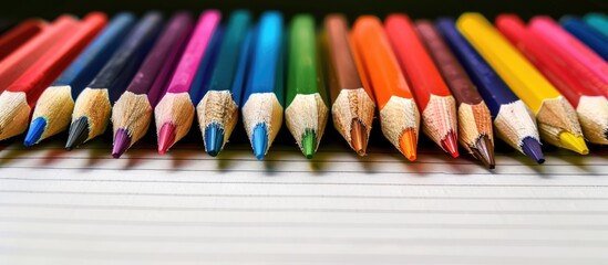 Poster - Various colored pencils arranged on a blank notebook page with copy space image.